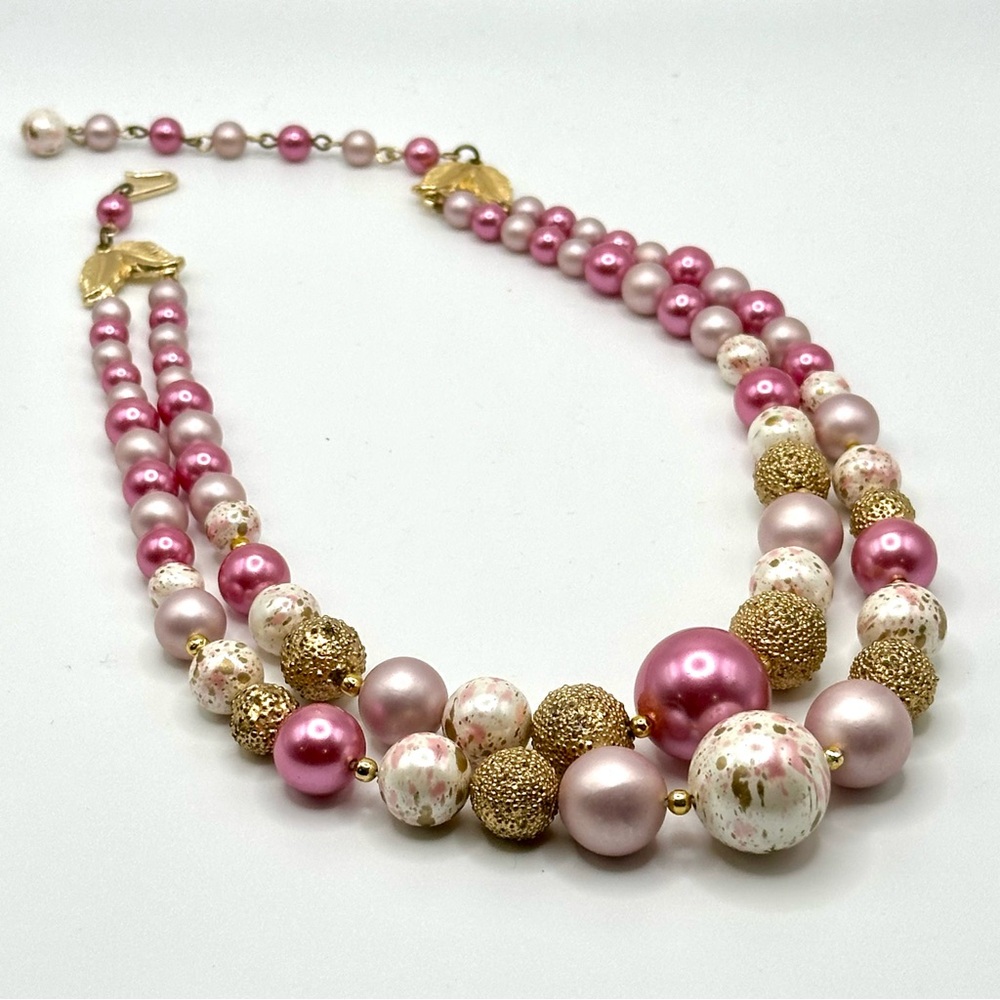 Vintage mid century pink and gold double strand beaded necklace